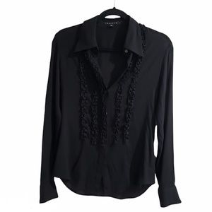 Theory long sleeve ruffled front silk blouse